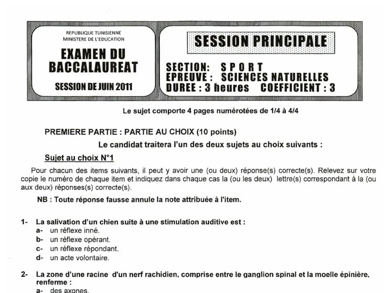 Examen SVT BAC 2011 - Baccalauréat Éducation Physique