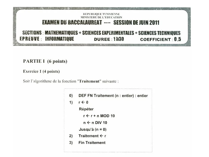 Bac Sciences Techniques: Examen Info 2011 - Session Principale