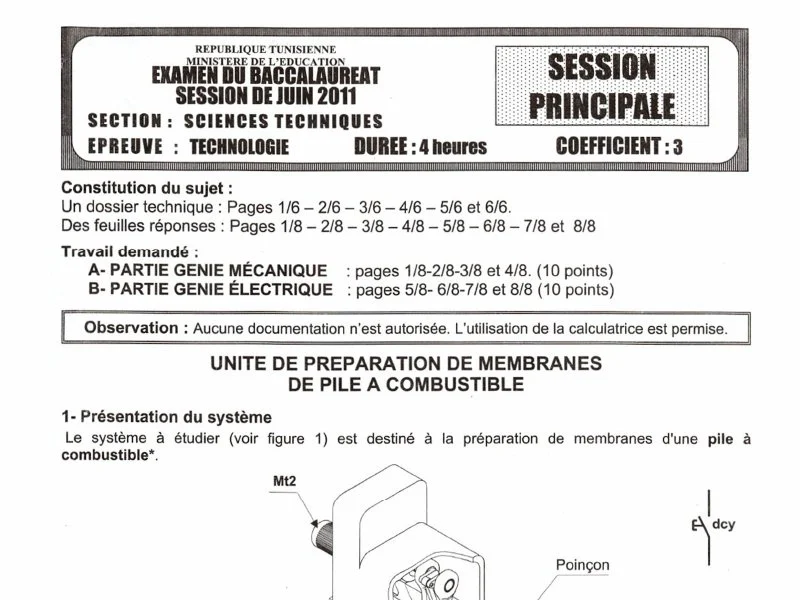 Bac Sciences Techniques 2011 : Épreuve Technologie Principale