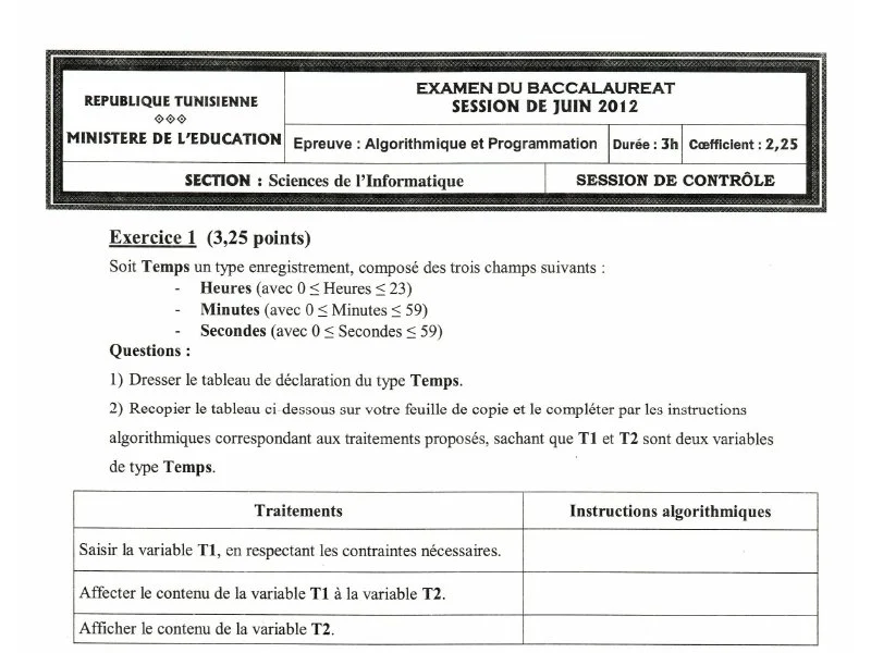 Examen d’algorithme et programmation BAC 2012 S controle