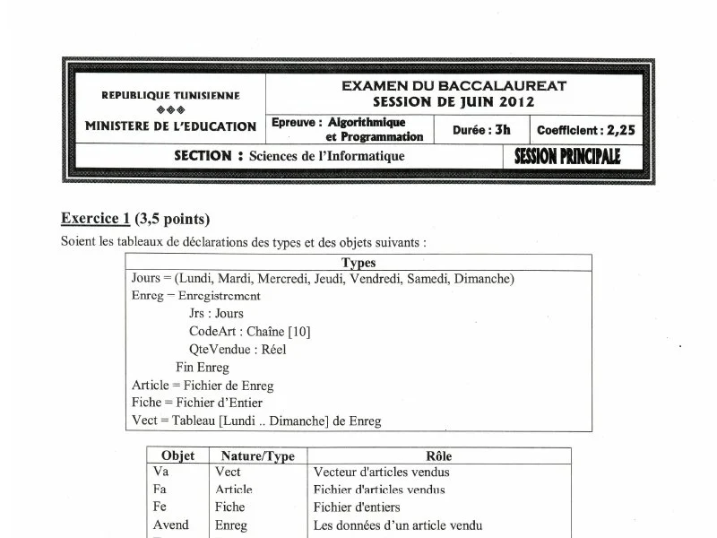 Examen d’algorithme et programmation BAC 2012 S principale