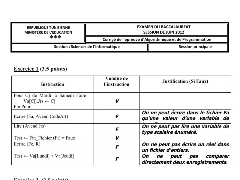 Correction Algorithme et programmation BAC 2012 S principale