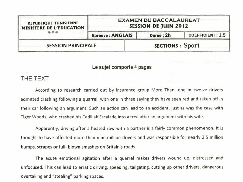إمتحان أنجليزية لسنة BAC 2012 الدورة الرئيسية باكالوريا تربية بدنية