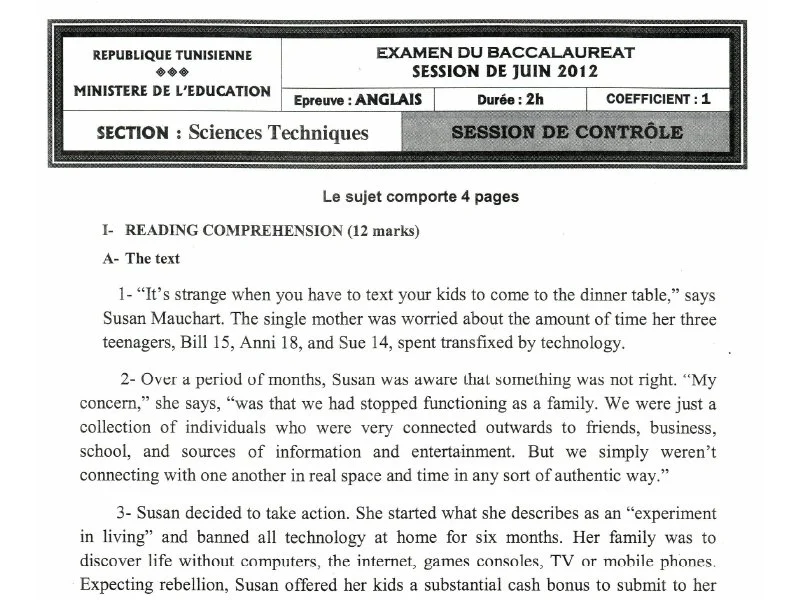 Examen Anglais Bac 2012: Rattrapage Sciences Techniques