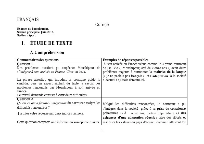 إصلاح إمتحان فرنسية لسنة BAC 2012 الدورة الرئيسية باكالوريا تربية بدنية
