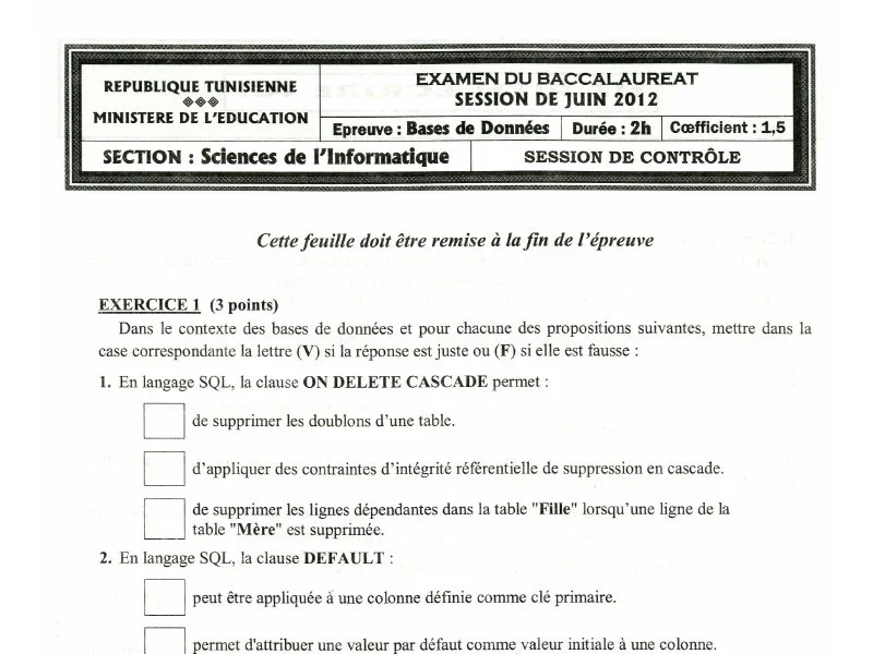 Examen de Base de donnée BAC 2012 controle