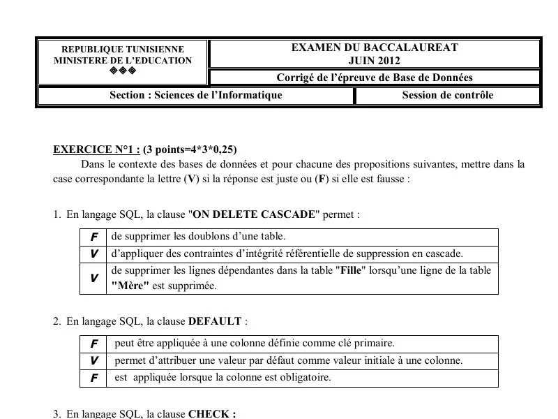 Correction de l'examen de Base de donnée BAC 2012 controle