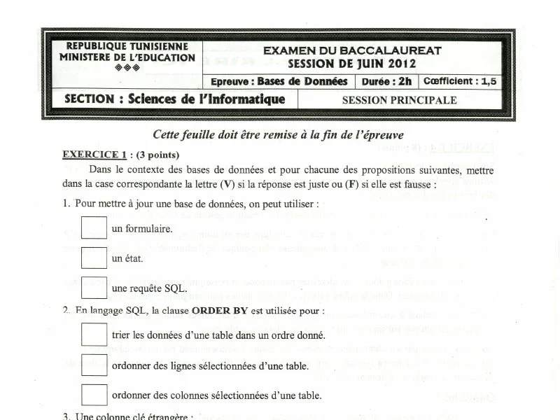 Examen de Base de donnée BAC 2012 principale