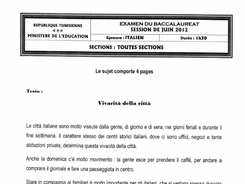 إمتحان إيطالية لسنة BAC 2012 الدورة الرئيسية باكالوريا إعلامية