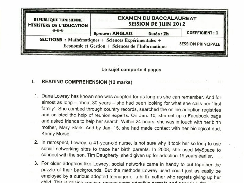 إمتحان إنجليزية لسنة 2012 الدورة الرئيسية باكالوريا إعلامية