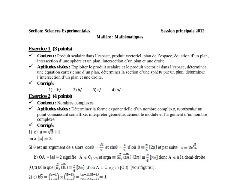 Correction Examen Mathématiques Bac 2012 Sciences Expérimentales