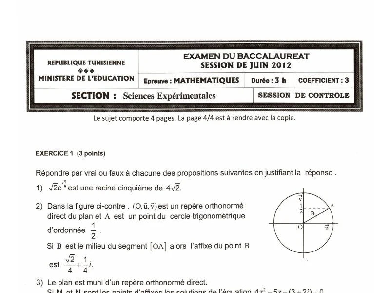 Bac Maths 2012 : Rattrapage Sciences Expérimentales
