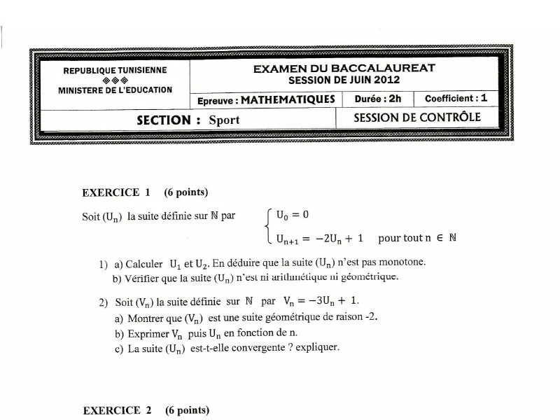 Examen Maths BAC 2012 - Session de rattrapage Sports