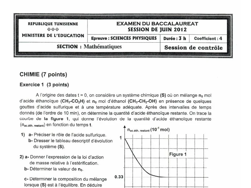 إمتحان الفيزياء لسنة 2012 دورة التدارك شعبة الرياضيات