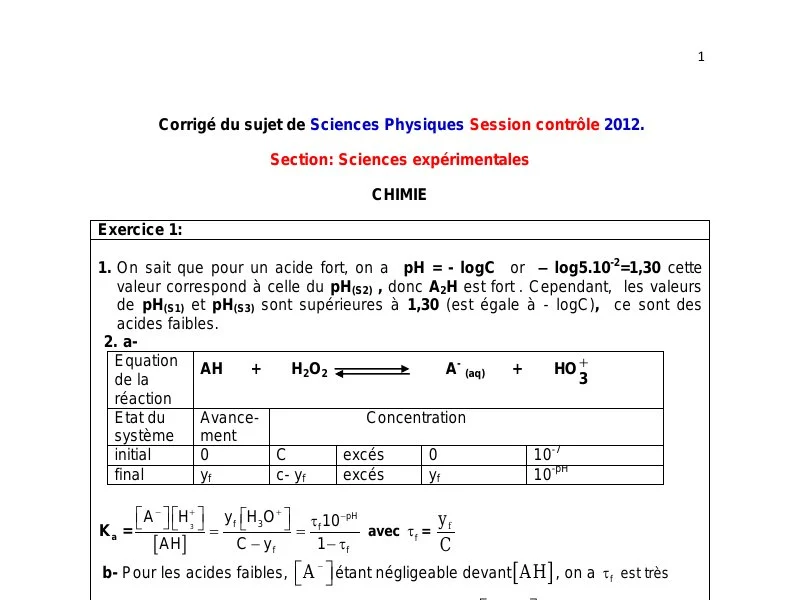 Corrigé Bac Physique 2012 Sciences Exp. Tunisie