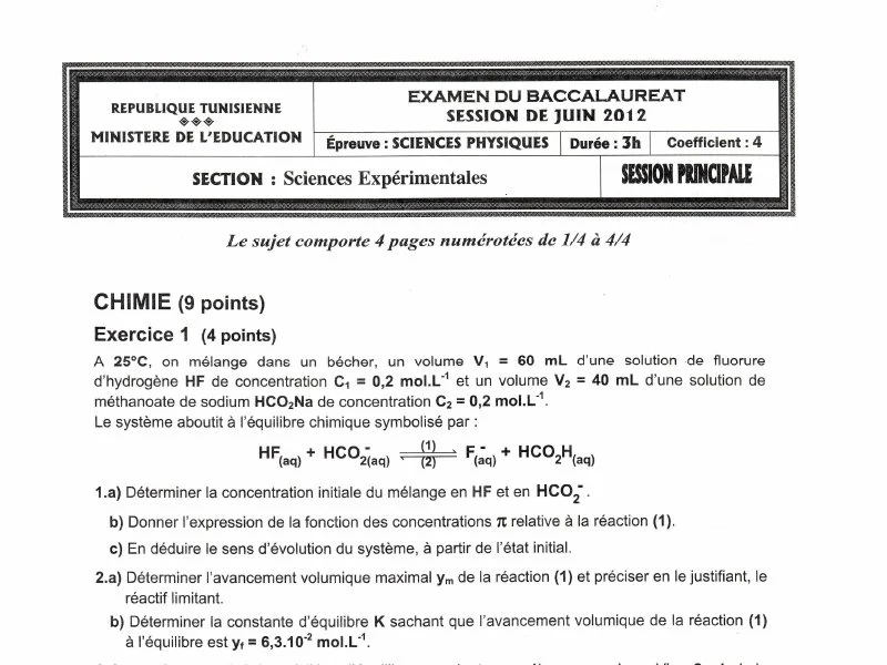 Examen Physique Bac 2012 - Sciences Exp.