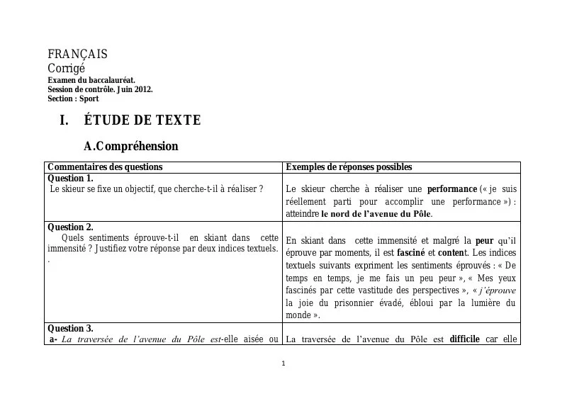 Bac 2012 : Correction examen français 2nde session Education Physique