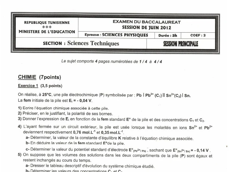 Examen Physique Bac Sciences Techniques 2012 - Session Principale