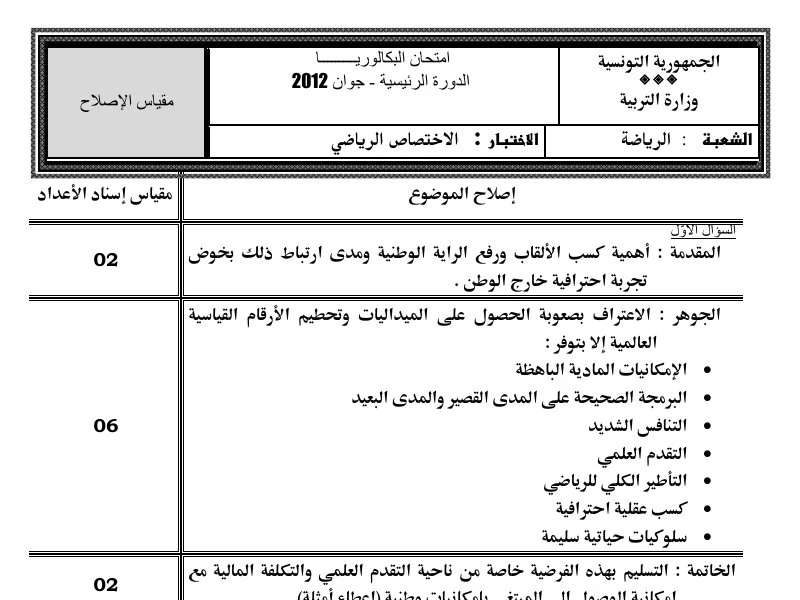 إصلاح إمتحان تربية بدنية لسنة BAC 2012 الدورة الرئيسية باكالوريا تربية بدنية
