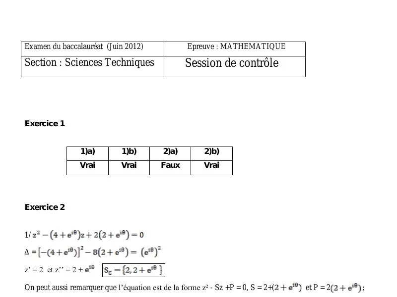 Correction Math Bac Sciences Techniques 2012 Rattrapage