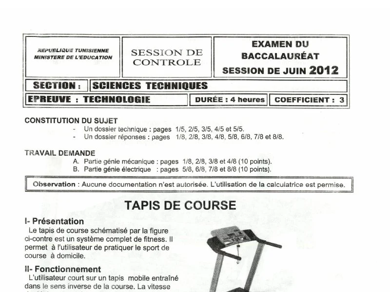 Examen Bac Technique 2012: Rattrapage Sciences Techniques