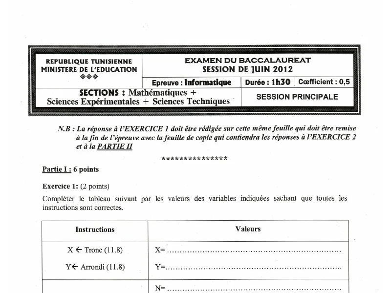Bac Info 2012 Sciences Techniques : Épreuve Principale