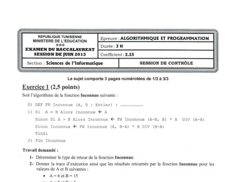 Examen d’algorithme et programmation BAC 2013 S controle