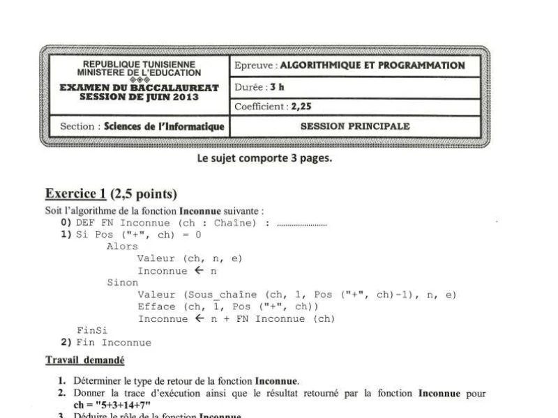 Examen d’algorithme et programmation BAC 2013 S principale