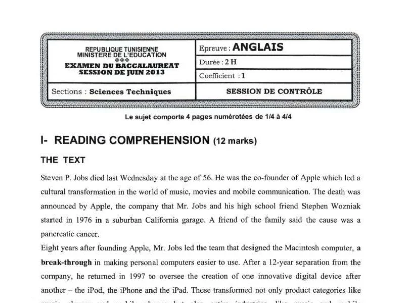 Examen Anglais Bac 2013: Sciences Techniques (Rattrapage)