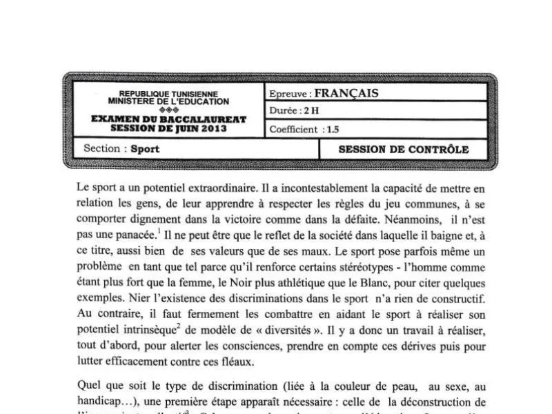 إمتحان فرنسية لسنة BAC 2013 دورة التدارك باكالوريا تربية بدنية