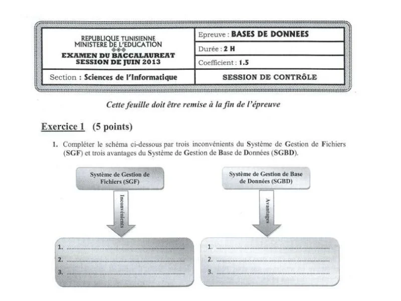 Examen de Base de donnée BAC 2013 controle