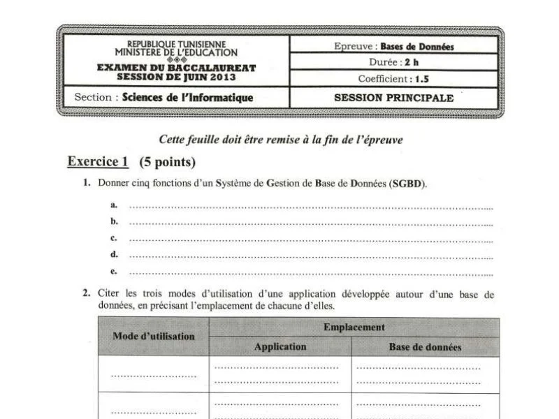 Examen de Base de donnée BAC 2013 principale