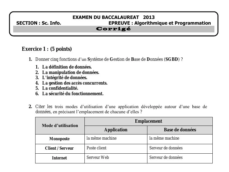 Correction de l'examen de Base de donnée BAC 2013 principale