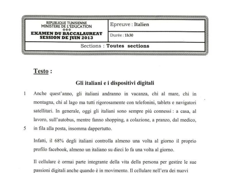 Bac 2013 : Épreuve d'Italien Informatique (Session Principale)