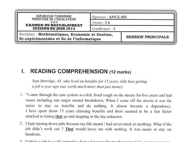 إمتحان إنجليزية لسنة 2013 الدورة الرئيسية باكالوريا إعلامية