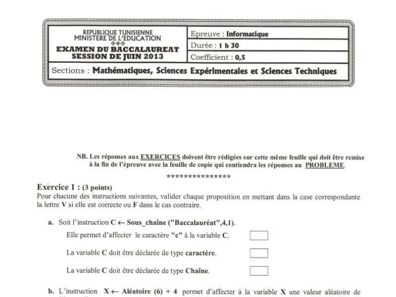 Corrigé Examen Informatique Bac Math 2013 - Session Principale