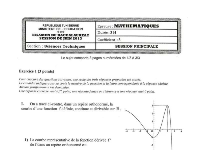 Examen Maths Bac 2013 Sciences Techniques Tunisie
