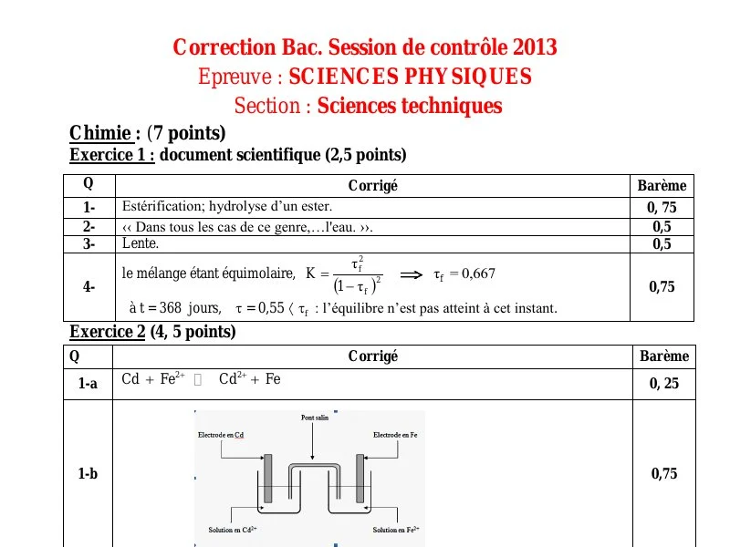 Correction Examen Physique Bac ST 2013 - Session Rattrapage