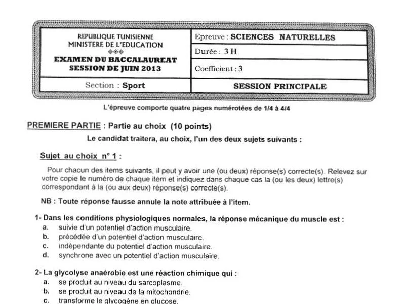 Examen Sciences Vie Terre BAC 2013 - Bac Sport Tunisie