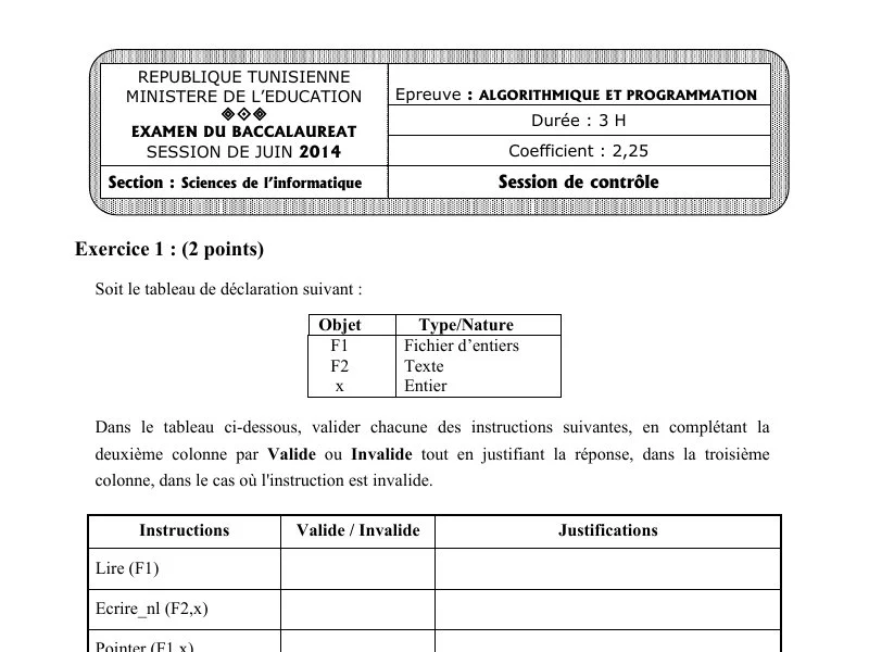 Examen d’algorithme et programmation BAC 2014 S controle
