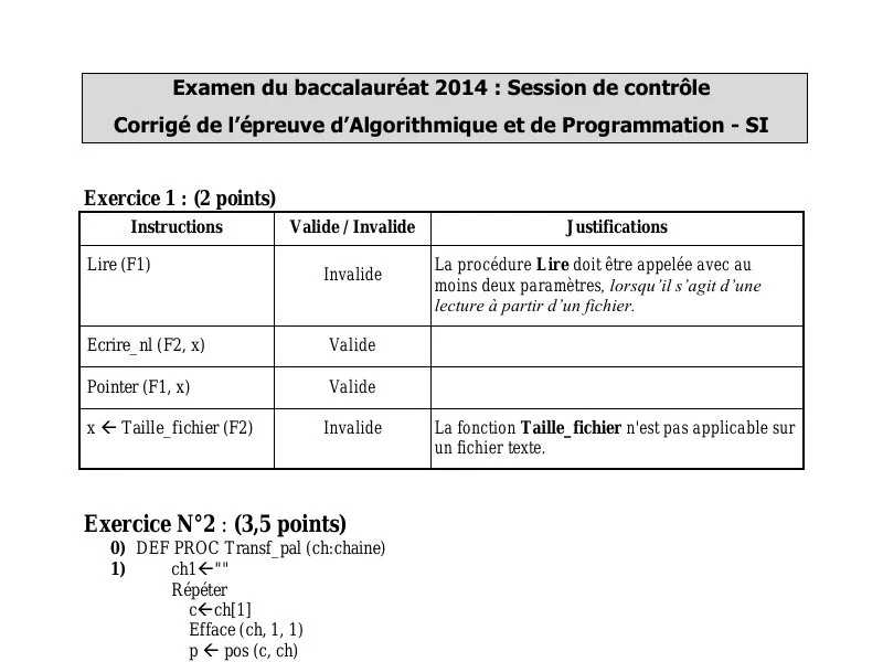 Correction Algorithme et programmation BAC 2014 S controle