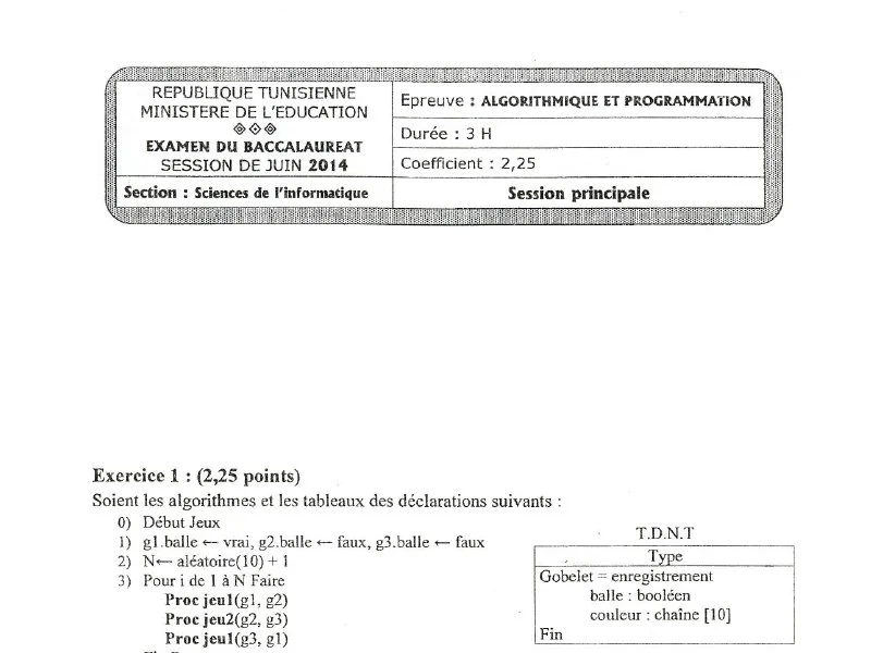 Examen d’algorithme et programmation BAC 2014 S principale