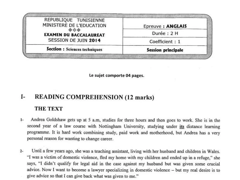 إمتحان اللغة الإنجليزية لسنة 2014 دورة التدارك باكالوريا علوم تقنية