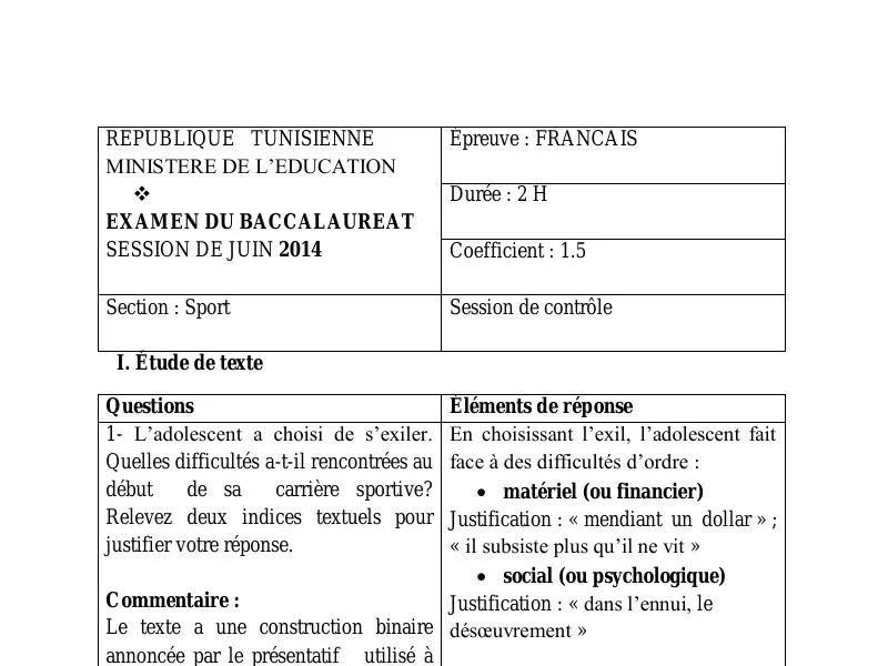 Correction Bac Français 2014 : Session de rattrapage (Sport)