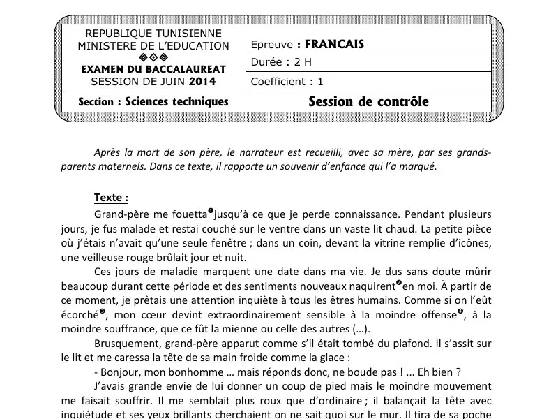 Baccalauréat Français 2014 : Rattrapage Sciences Techniques