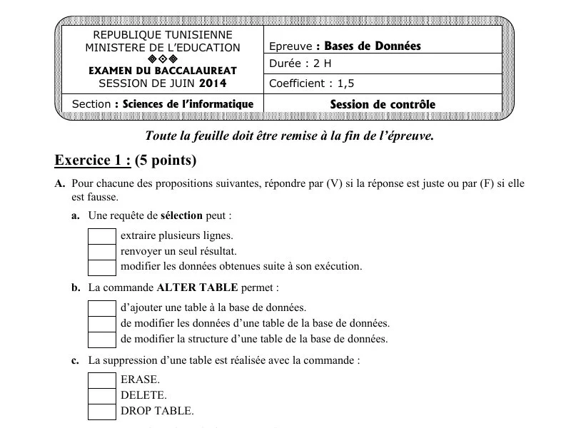 Examen de Base de donnée BAC 2014 controle