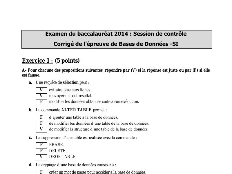 Correction de l'examen de Base de donnée BAC 2014 controle