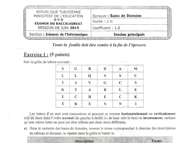 Examen de Base de donnée BAC 2014 principale