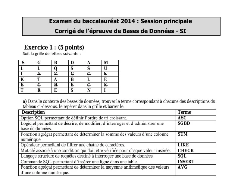 Correction de l'examen de Base de donnée BAC 2014 principale