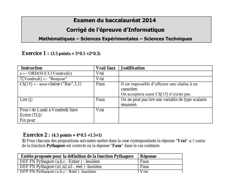Corrigé Bac Informatique 2014 – Sciences Techniques